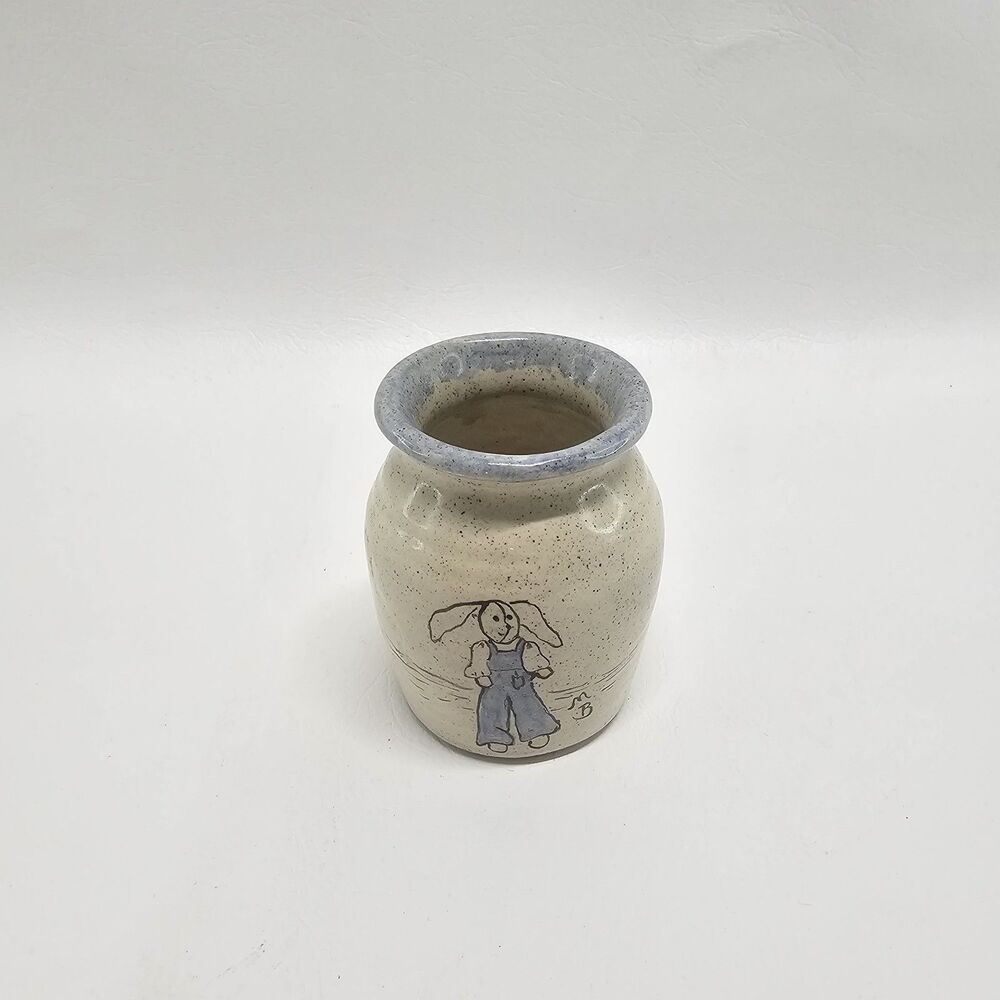 Vintage Hand Painted Ceramic Jar Rabbit Family Folk Art Blue Rim Whimsical Decor